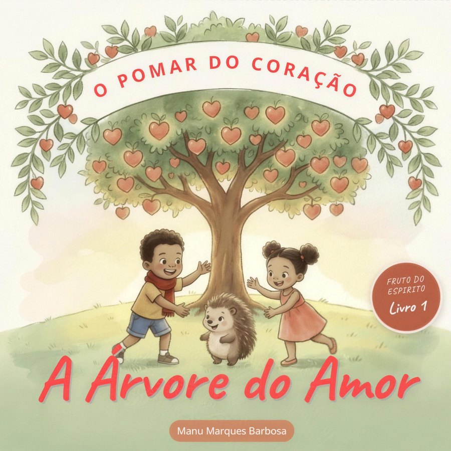 Capa do livro A Árvore do Amor: Théo, Lila e o ouriço Pico sob uma árvore carregada de frutos em forma de coração.